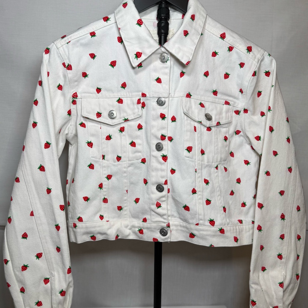 Brand No Comment Strawberry Print White Denim Jacket Size S